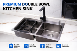 Double Bowl Kitchen Sink with Mixer Tap & Liquid Soap Dispenser.